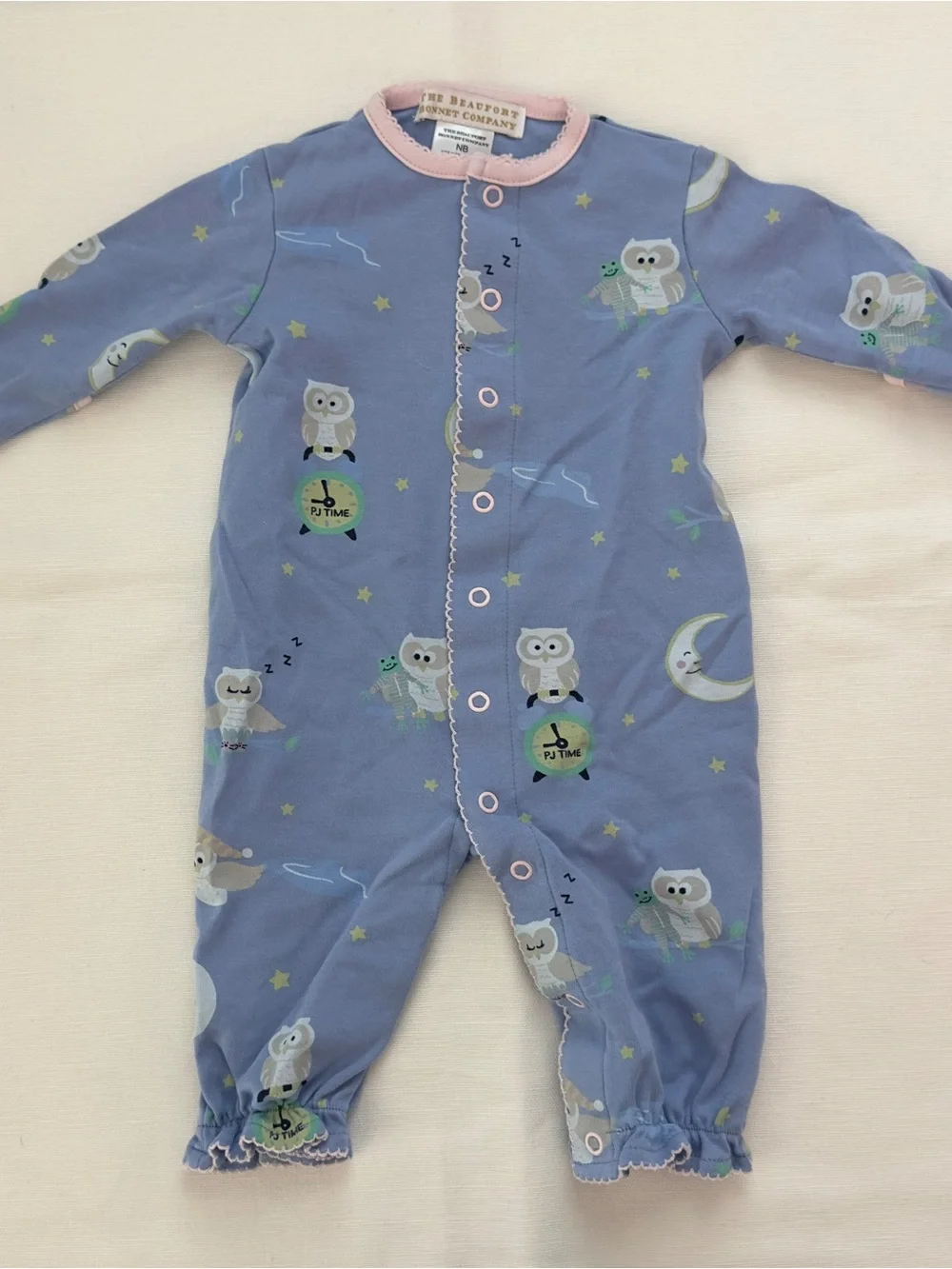 The Beaufort Bonnet Company Lavender Owl Print Footie with Pink Trim
